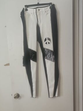 Black & White Patchwork Skinny Jeans with Peace Sign Detail - Handmade In LA